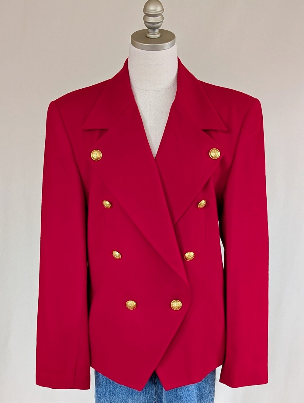 Vintage 1980s Valerie Stevens Red 100% Wool Double Breasted Blazer size 14